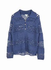 Sundance Size Small Nayumi Open Knit Crochet Collared 3 Button Navy Blue Sweater picture