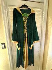Oiefeen Womens Renaissance Medieval Green Hooded Velvet Costume L with Necklace picture