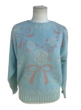 Vintage Alicia Petite Sweater M Blue Pink Bow Rose Floral Knit Made USA 80s 90s picture