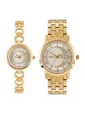 Timex His and Hers Watch Set Gold Dial Stainless Steel Bracelet Date Window Pair picture