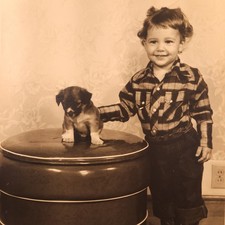 Vintage Boy Puppy Hassock Sepia Tone Genre Scene c. 1940s Original Studio Photo picture