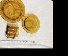 Vintage Tiara Amber Glass Childrens Nursery Rhyme Dish Set 1970s Plate Bowl Mug picture