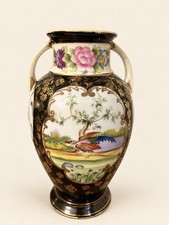 Antique Noritake Hand Painted Twin Handled Vase Bird Landscape Black Gold 10