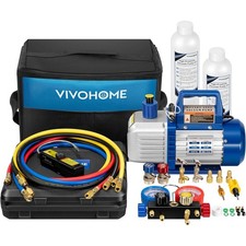 1/2HP 5CFM 2 Stage HVAC Vacuum Pump 4 Way Manifold Gauge Set Leak Detector Kit picture
