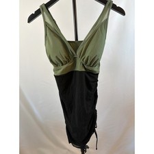 Blooming Jelly Women Olive Green Black Ruched Mesh Swim Dress One Piece M NWT picture