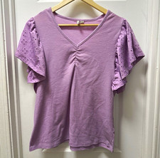 Cato Purple Solid V-Neck Short Sleeve Eyelet Ruffle Flutter Knit Pullover Top M picture