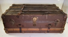 Antique Excelsior Steamer Travel Trunk Metal Clasp Leather Strap Wallpaper VTG picture