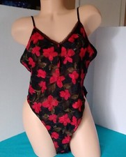 Vintage Teddie Lingerie Blanche Bodysuit Black & Red Floral Size Large picture