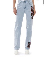 Akira Hidden Faces Embroidery Detailed Straight Leg Jeans Size 5/W26 Light Blue picture