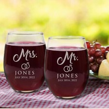 Custom Etched Mr and Mrs Stemless Wine Glass Set of 2 Wine Glasses - Wedding picture