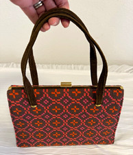 Vintage 1960s Tapestry Top Handle Handbag Brown Suede Trim Made in England Frame picture