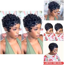 Curly Wave Short Wig for Black Women 1B Pixie Cut Synthetic Hair with Bangs picture