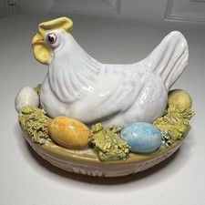 Vtg Italian Ceramic Hen on a Nest Figurine Yellow & Blue Eggs picture