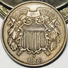 1866 Two Cent Piece 2C Ungraded Choice FULL MOTTO US Copper Coin CC30655 picture