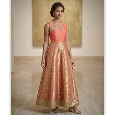 Frontier Heritage Indian Women Banarasi Anarkali Gown Gold Brocade Maxi Dress 32 picture
