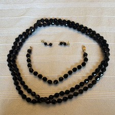 Vintage 14K Gold Black French Jet onyx Jewelry Set Necklace Bracelet Earrings picture