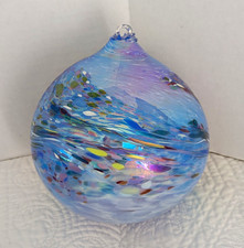 Hand Blown Art Glass Hanging Ball Ornament Blue Multicolor Spotted Glossy  7