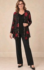 Chico’s Travelers  Size 3  Black Red Asian Calligraphy Open Cardigan USA Size XL picture