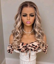 Brown Blonde Ombre Wig HD Front Lace Human Hair Blend Highlights  Wavy Curly picture