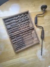 Vintage IRWIN 13 Pc Auger Bit Set Wood Box + Hand Brace Drill USA Complete picture