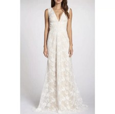 BHLDN Anthropologie Dress Tadashi Shoji Floral Grid Lace V Neck Wedding 2 RGT 🌹 picture