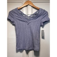 NWT Anthropologie Pilcro Purple Ribbed Double V-Neck Tee Lavender XXS Petite picture