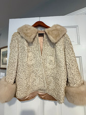 VTG 1950s Cream Silk Soutache Ribbon Knit Evening Jacket Blonde Mink Fur Collar picture