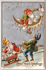 New Years Greetings, Gnomes Elves Money Bags Sled Icicle Moon, Embossed Postcard picture