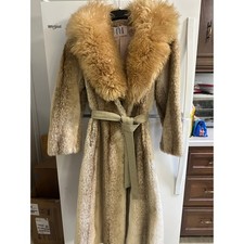 Vintage Made in England | Tan Faux Fur Long Leather Belted Wrap Coat | Size S picture