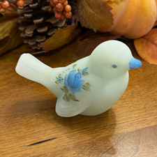 Fenton Handmade Milk Glass Blue Satin Rose Floral Bird Figurine  ? Glower picture