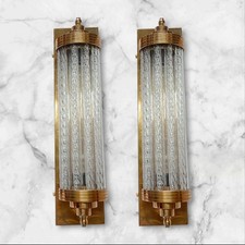 1 PC VINTAGE ART DECO LAMP RIBBED GLASS ROD & BRASS WALL LIGHT SCONCE NAUTICAL # picture