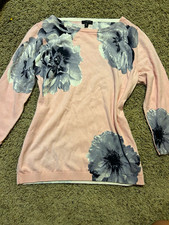 Talbots Womens Petites PM Pink Gray Floral Knit Crew Neck Pullover Sweater picture