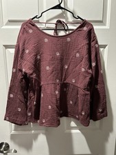 Madewell Embroidered Lightspun Peplum Open-Back Top Vintage Mulberry Size Large picture
