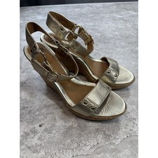 Sofft Carl Wedge Sandals Women 10M Gold Metallic Leather Cork Strappy picture