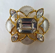 Vintage Signed Guy Laroche Gold Tone White Floral Crystal Rhinestone Brooch picture