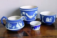 4 Pc Antique Wedgewood Dark Blue Jasperware Vintage Jardiniere Planter Cachepot picture