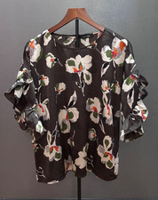 Doe & Rae Gray White Green Floral Blouse Ruffled Split Sleeve Top in Fall Colors picture