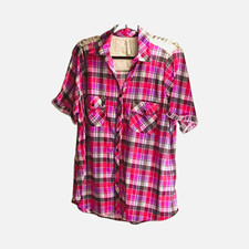 Dr Jr Womens Plus 2X Pink Purple Plaid Collared Short Sleeve Button-Up Lace picture
