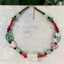 Vintage Artisan Agate Opalite Foil Art Glass Multi Stone Beaded Necklace Hearts  picture