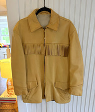 Vintage Unisex Tan Leather Western Fringe Zip-Front Mid-Length Jacket w/ Pockets picture
