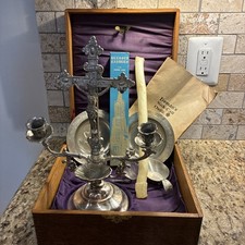 ANT VTG CATHOLIC SICK CALL LAST RITE SET IN WOODEN BOX HOMAN SILVER PLATE * picture