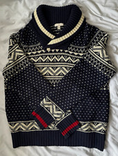 Gap Men's L Navy/Cream/Red Fair Isle Shawl Collar Knit Pullover Sweater picture