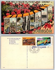 Greetings from Portland Oregon Linen Postcard - Mt Hood, Multnomah Falls picture
