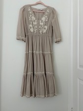 Lucky Brand Beige Floral Embroidered V-Neck 3/4 Sleeve Midi Dress Size S picture