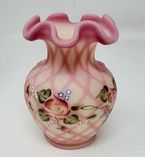 Fenton Burmese Diamond Optic Rose Trellis Sm Bud Vase Hand Painted Bill Fenton picture