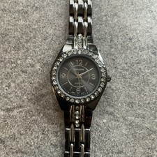 Beautiful Gruen Womens Watch 27mm Gunmetal Case/Band Crystal Accent Bezel B-I picture