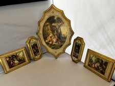 Vintage Italian Florentine Wall Plaques Set 5 Gilt Wood Rococo Scenes Italy picture