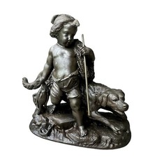 VTG French Style Cast Bronze Sculpture 6.75 Inch Boy Fish Spear Cast Net Dog picture
