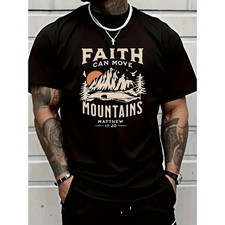 Faith Can Move Mountains Men'S T-Shirt - Inspirational Biblical Print, Round Nec picture