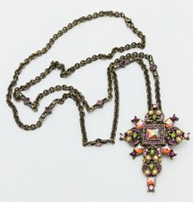 1990s Bronze Tone Sweet Romance Jeweled Legacy Cross Necklace Station Chain picture